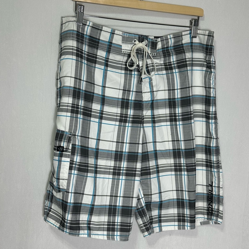 O’Neill‎ Board Shorts Men White Multi-Color Plaid Drawstrings Pockets Ocean - 34